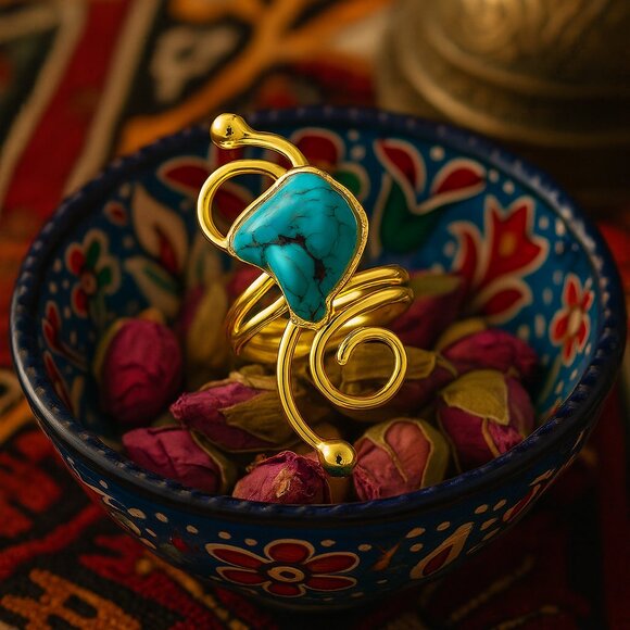 Turkish Artisan 18K Gold Plated Brass Adjustable Turquoise Cocktail Ring - Picture 7 of 11